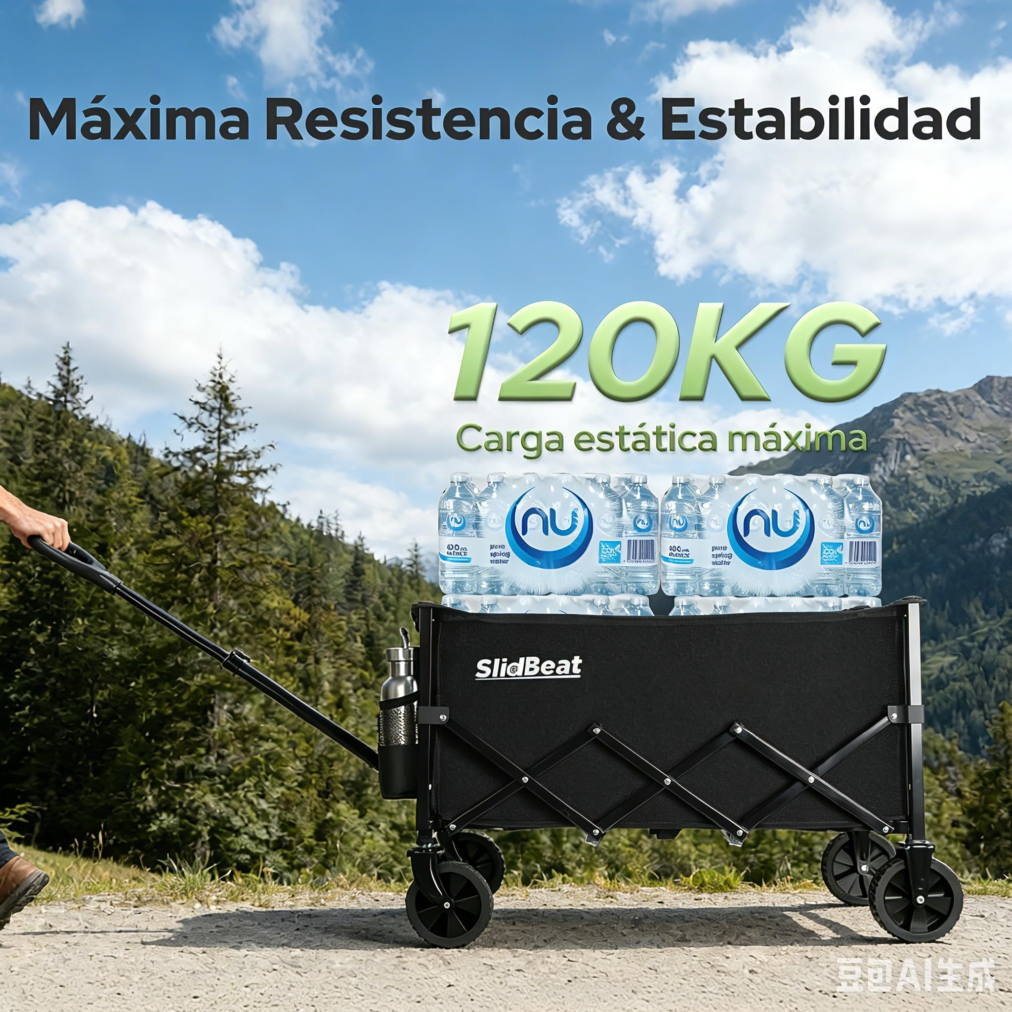 SLIDBEAT 120KG Carro Plegable, Montaje Rápido, Carrito Transporte con 4 Ruedas Todo Terreno 360° Desmontables, Mango Ajustable, para Supermercado Jardín Festivales Playa y Herramientas