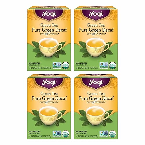 Yogi Tea - Té verde descafeinado puro - 16 bolsas por paquete (paquete de 4) - Orgánico y descafeinado - Apoya la salud general y proporciona