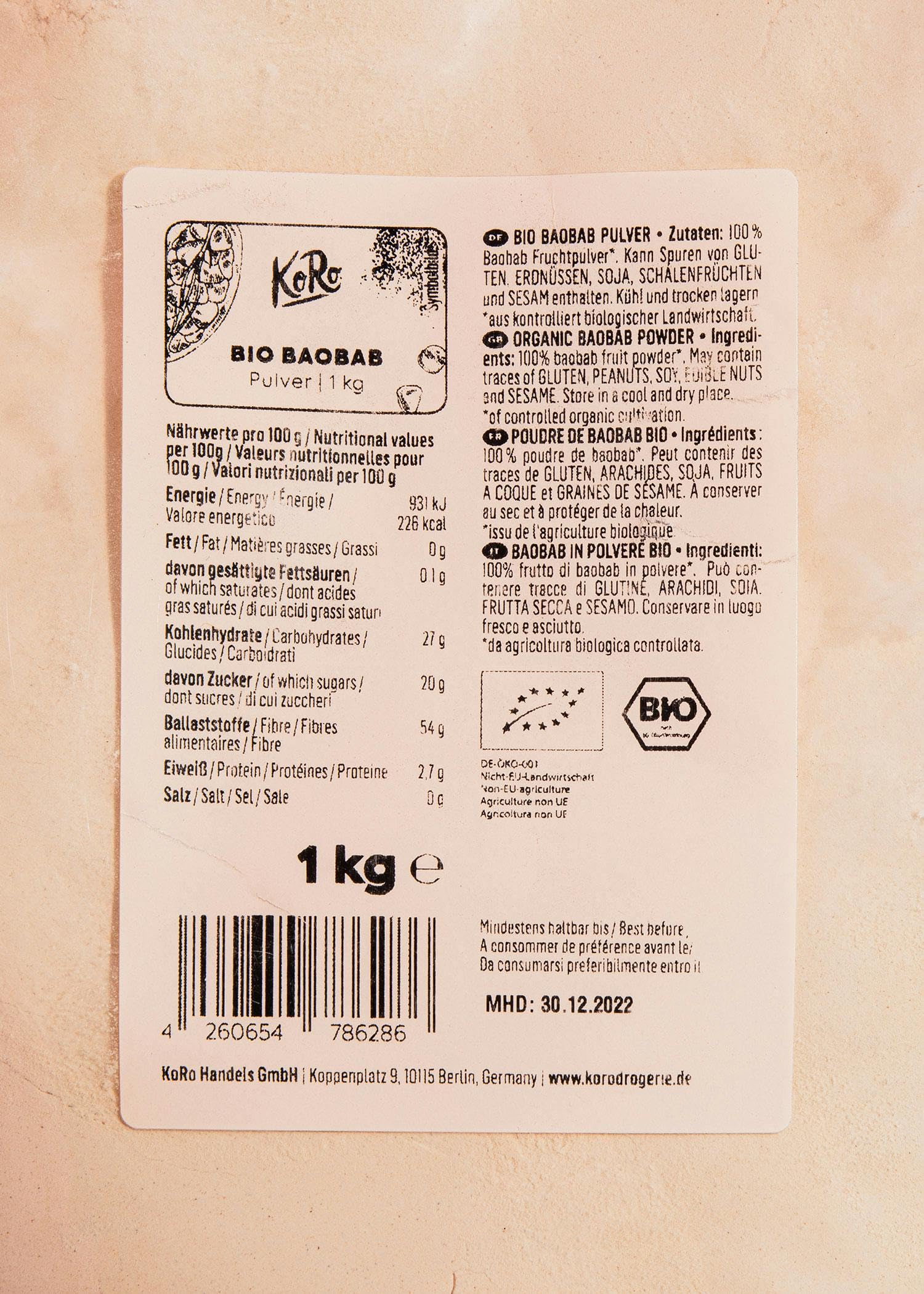 KoRo - Poudre de baobab bio 1 kg - Riche en vitamine C et en calcium - Riche en fibres - Excellent dans les smoothies, les yaourts et les pâtisseries - Convient à une alimentation vegan.