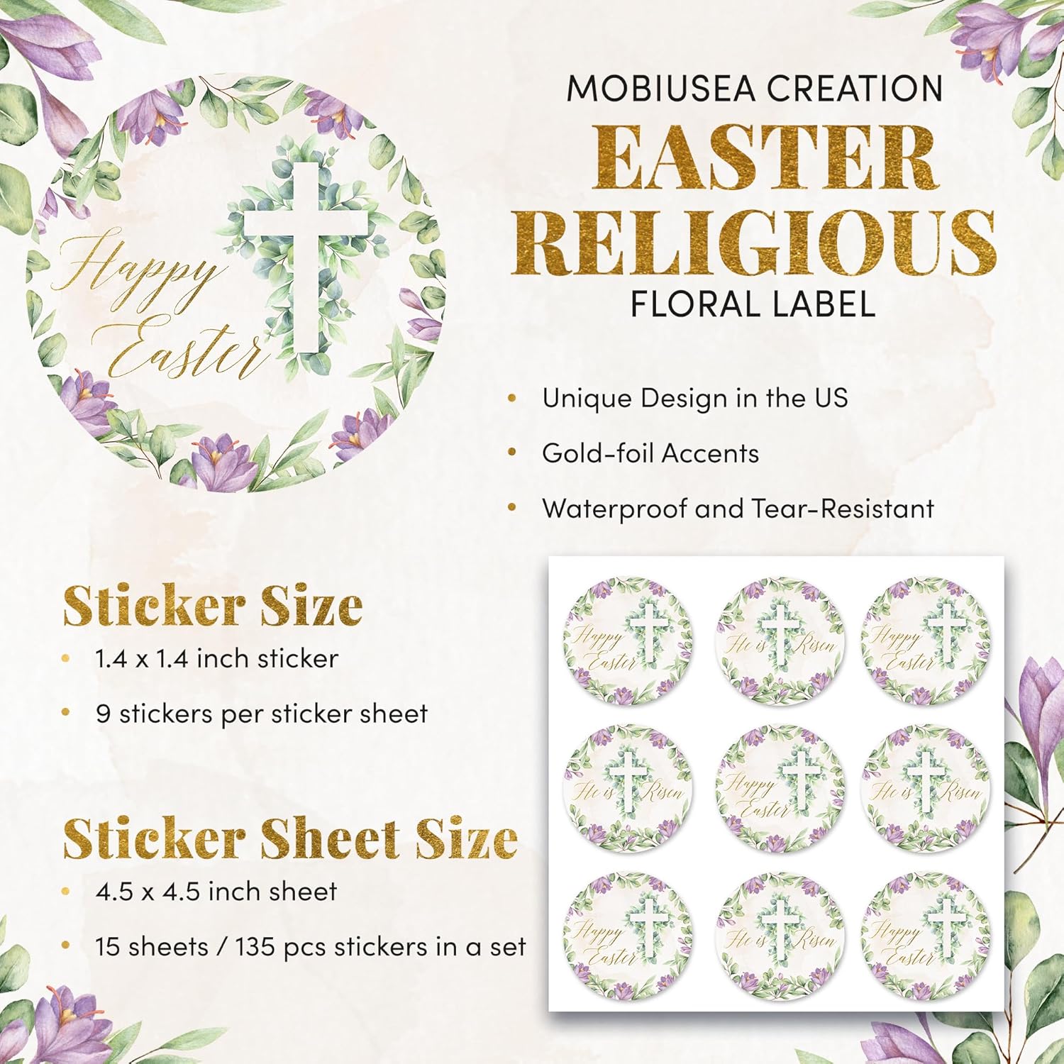 Mobiusea Creation Christian Easter Stickers – 135 Happy Easter Stickers with Gold Foil Cross Stickers, Purple Floral Easter Envelope Seals, He is Risen Religious Labels