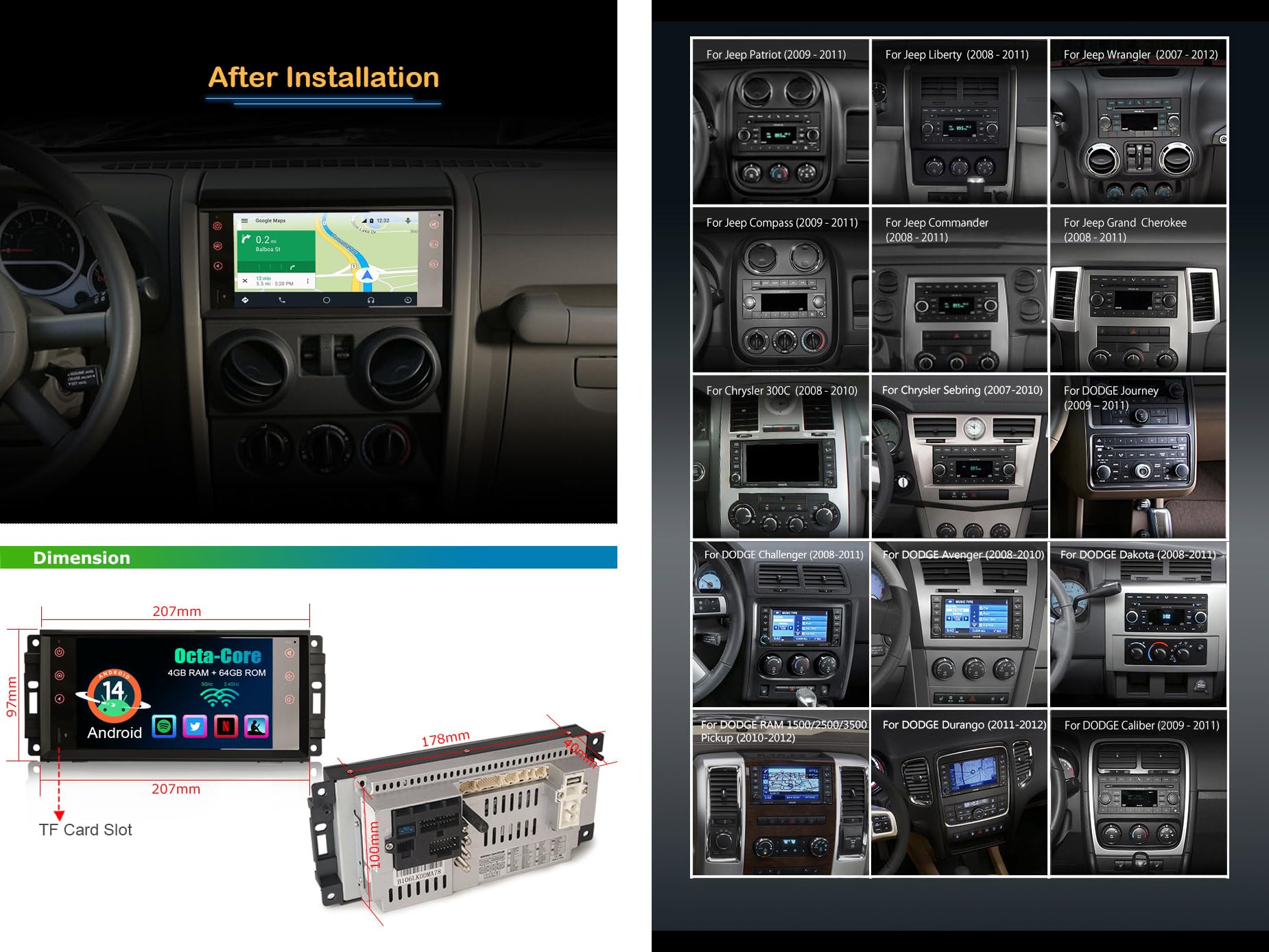 Erisin 8-Core Android 14 GPS Navegación Estéreo de Automóvil para Jeep Compass Grand Cherokee Patriot Chrysler 300C Dodge Journey Avenger Soporte CarPlay Android Auto Bluetooth 5.0 WiFi Dab+ 4GB+64GB