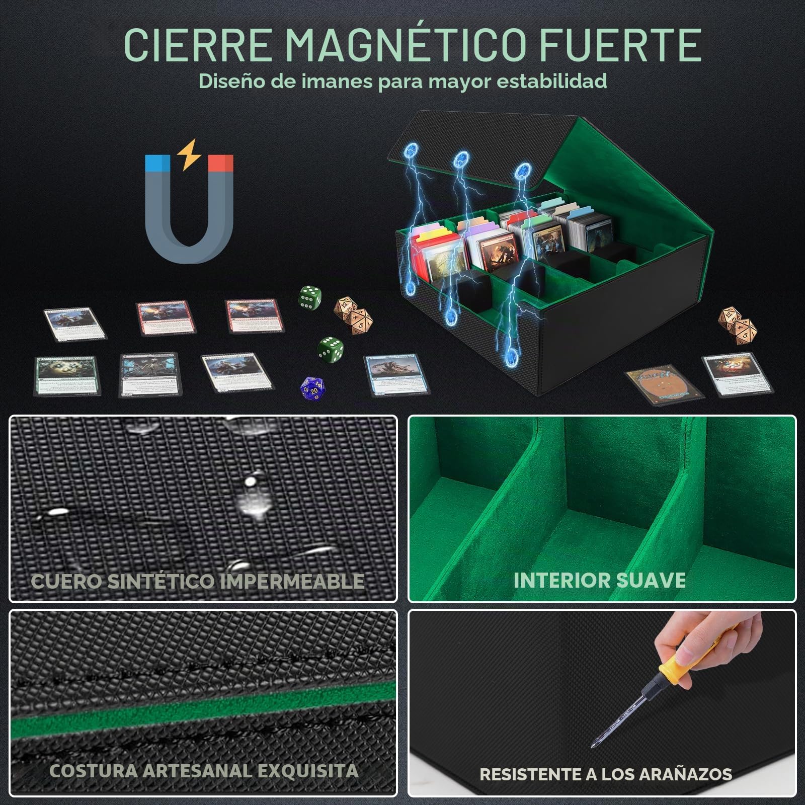 Caja de Tarjetas para Más de 3200 Tarjetas, Cajas de Almacenamiento de Tarjetas Coleccionables con 24 Divisores de Colores y 4 Espuma, Cajas de Cubierta Magnéticas Premium, para TCG Magic(Negro Verde)