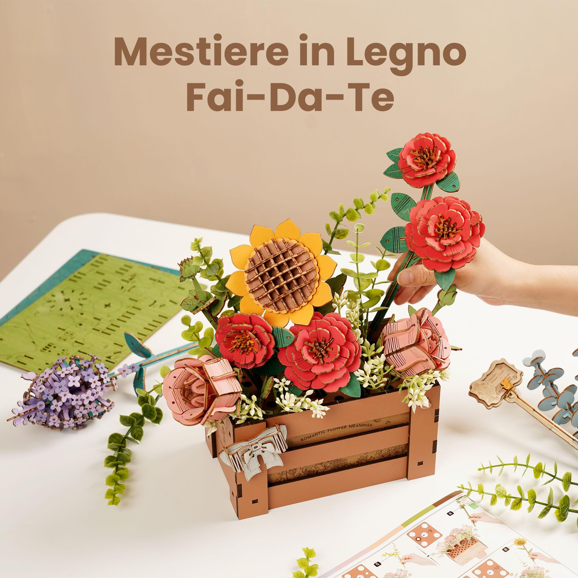 rowood Puzzle de fleurs 3D en bois avec vase, idéal pour la décoration de la maison, kit de modèle de fleurs artificielles pour adultes et enfants pour construire des cadeaux créatifs pour