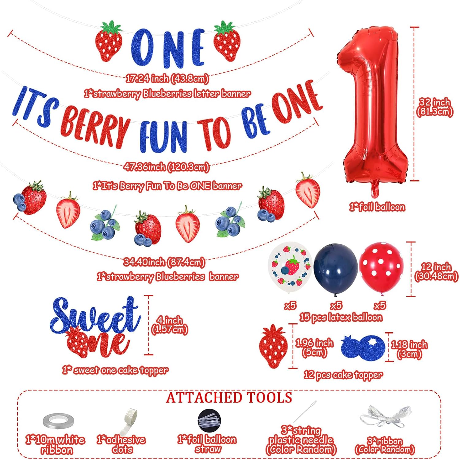 Berry First Birthday Decorations Strawberry Blueberry It’s Berry Fun to Be One Banner Sweet One Cake and Cupcake Toppers with Balloons for Fruit Themed 1st Birthday Party Supplies - Image 2