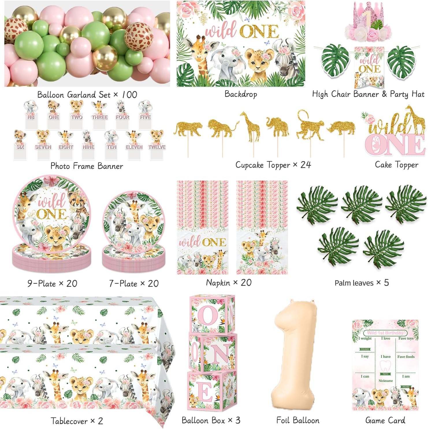 Cocomigo 184pcs Wild One Birthday Decorations Girl, Wild One Party Decorations Include Plate Banner Backdrop Tablecloth Cake Topper Pink Balloon Arch for Wild One Birthday Decorations
