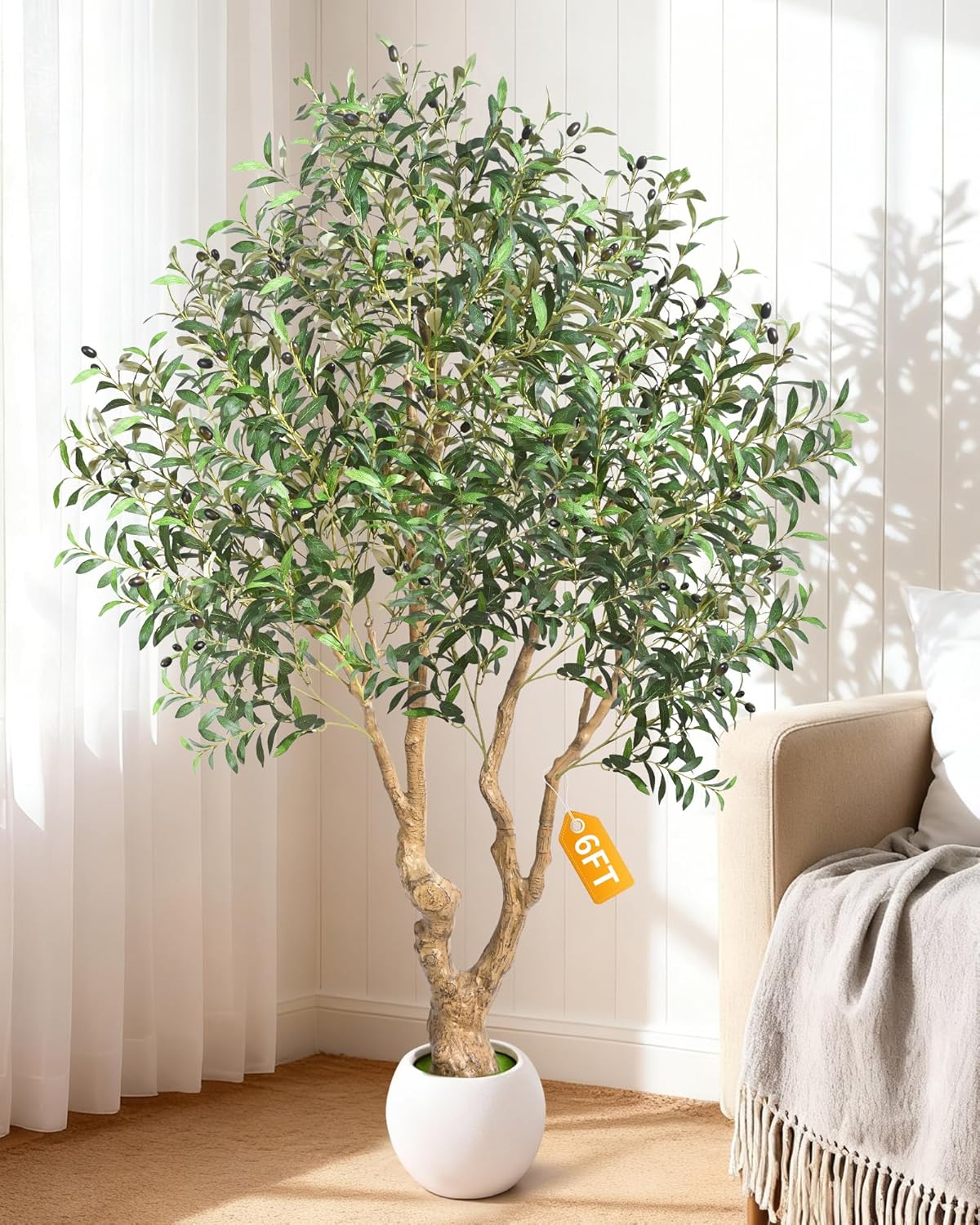 6 FT Faux Olive Tree, Look Real Fake Olive Tree with 4 Natural Thick Trunks & Weighted Pot, Olive Trees Artificial Indoor with Lusher & Fuller Leaves for Indoor Home Office Living Room Outdoor