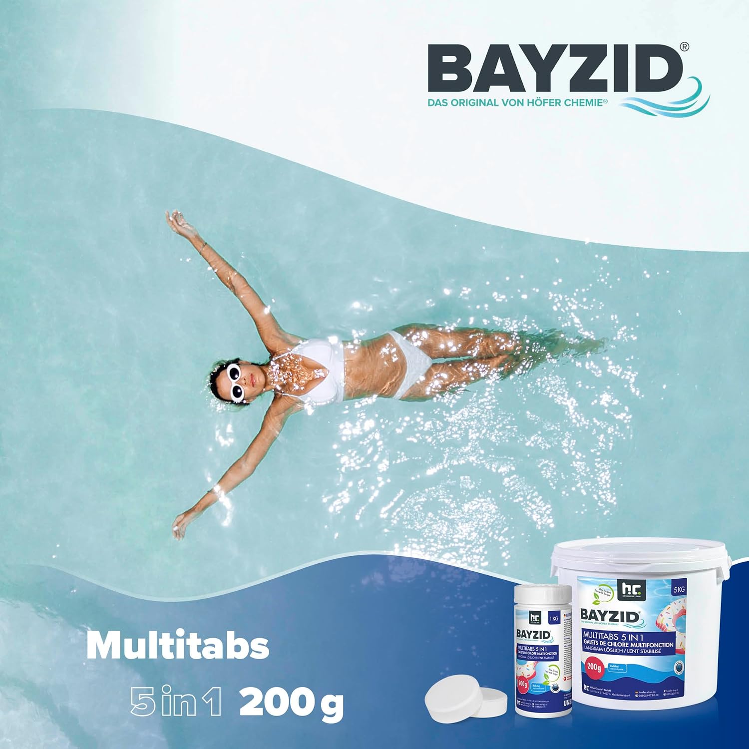 BAYZID Chlor Multitabs 5 in 1-200g Chlortabletten für Pool - 5kg - 5-Phasen Pflege &amp; Reinigung - Made in Europe - Für kristallklares Poolwasser