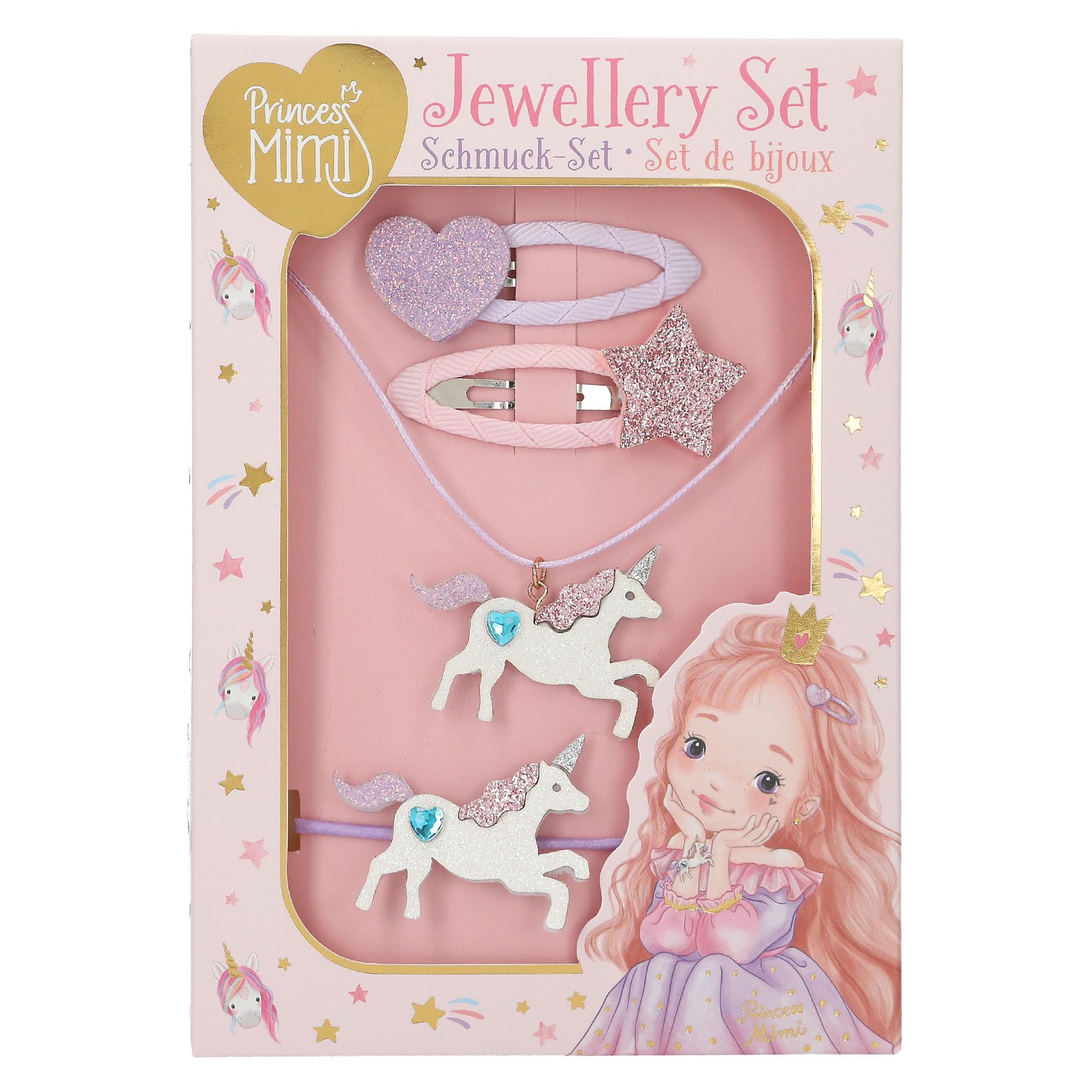Depesche 13563 Princess Mimi Jewellery Set in Pink and Purple with Glittering Unicorns, Accessory Set with Decorated Chain, Bracelet and Clasps