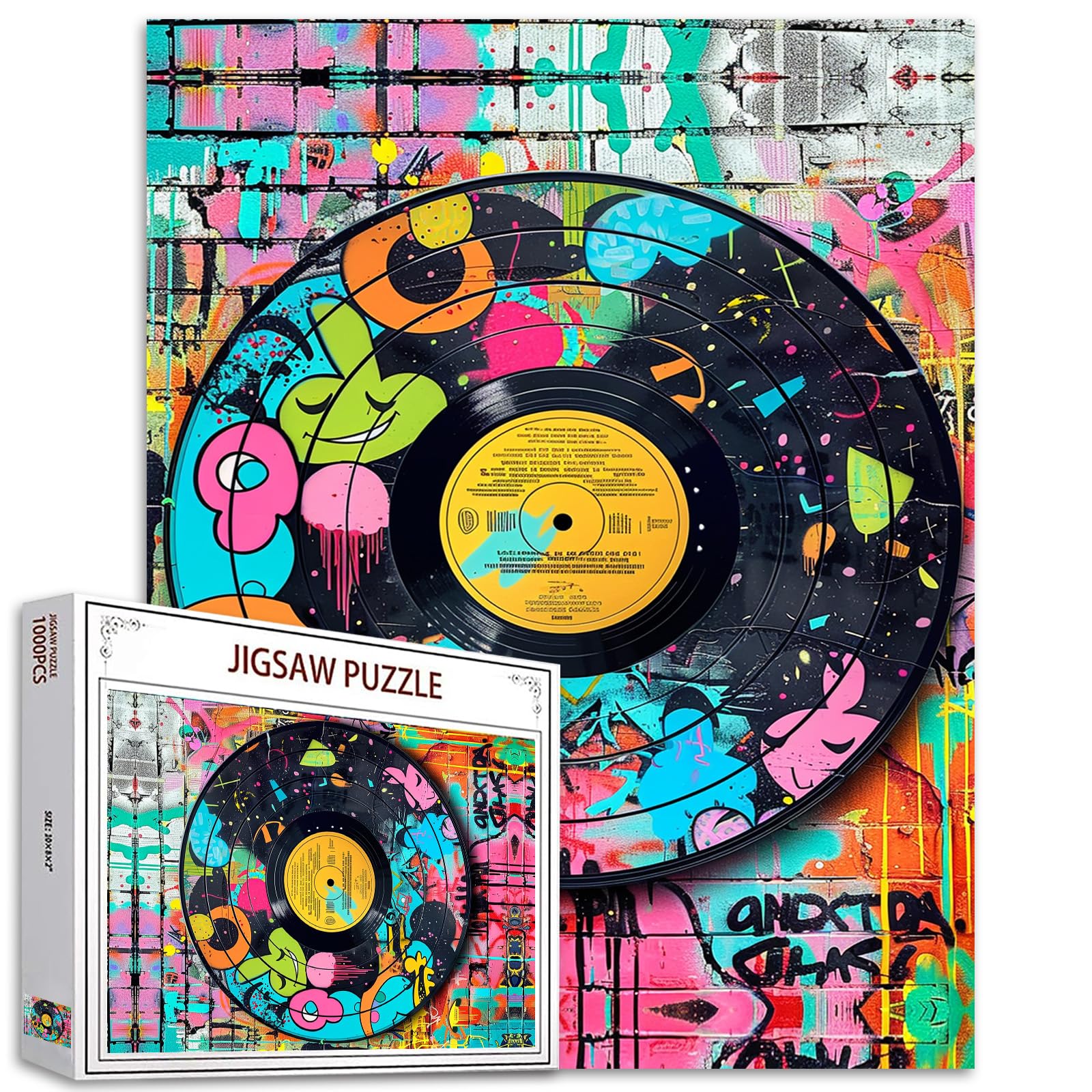 Graffiti Vinyl Record Jigsaw Puzzle 1000 Pieces Puzzles for Adults,Retro Street Art Jigsaw Puzzles for Challenging Family Activity Games Colorful DIY Handwork Puzzle for Home Decor Gifts 20 x 27 in