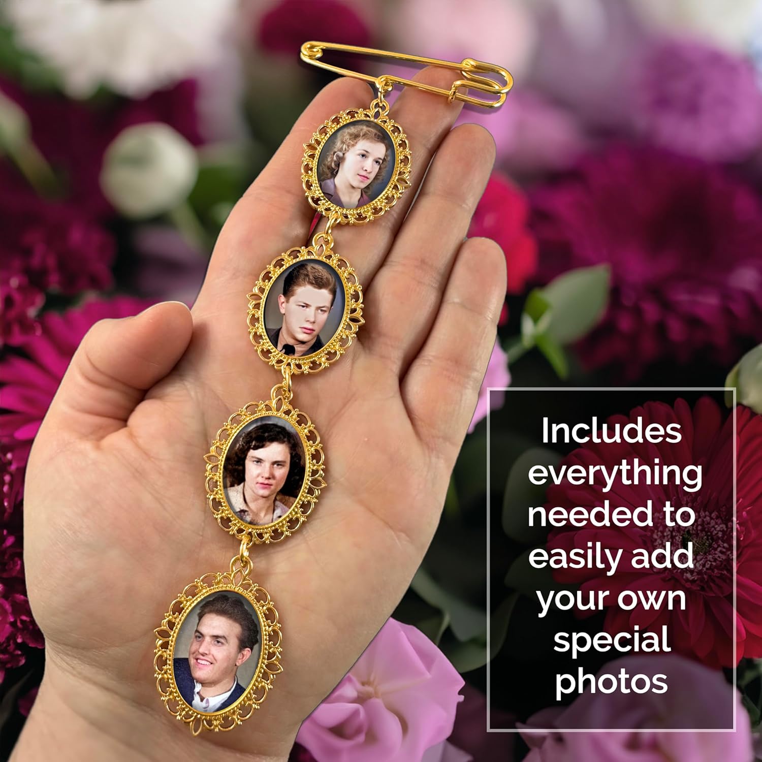 MemoriPix Wedding Bouquet Memorial Remembrance Photo Charm Bright Gold Holds 4 Pictures for Bride's Flowers or Groom's Boutonniere with Photo Resizer - Image 2