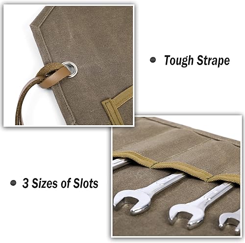 Miniatura 4 de Organizador de llaves  Bolsa de lona encerada resistente de 16 onzas métricas y SAE, rollo de llaves pequeñas portátil con 7 bolsillos, gris, 15.5