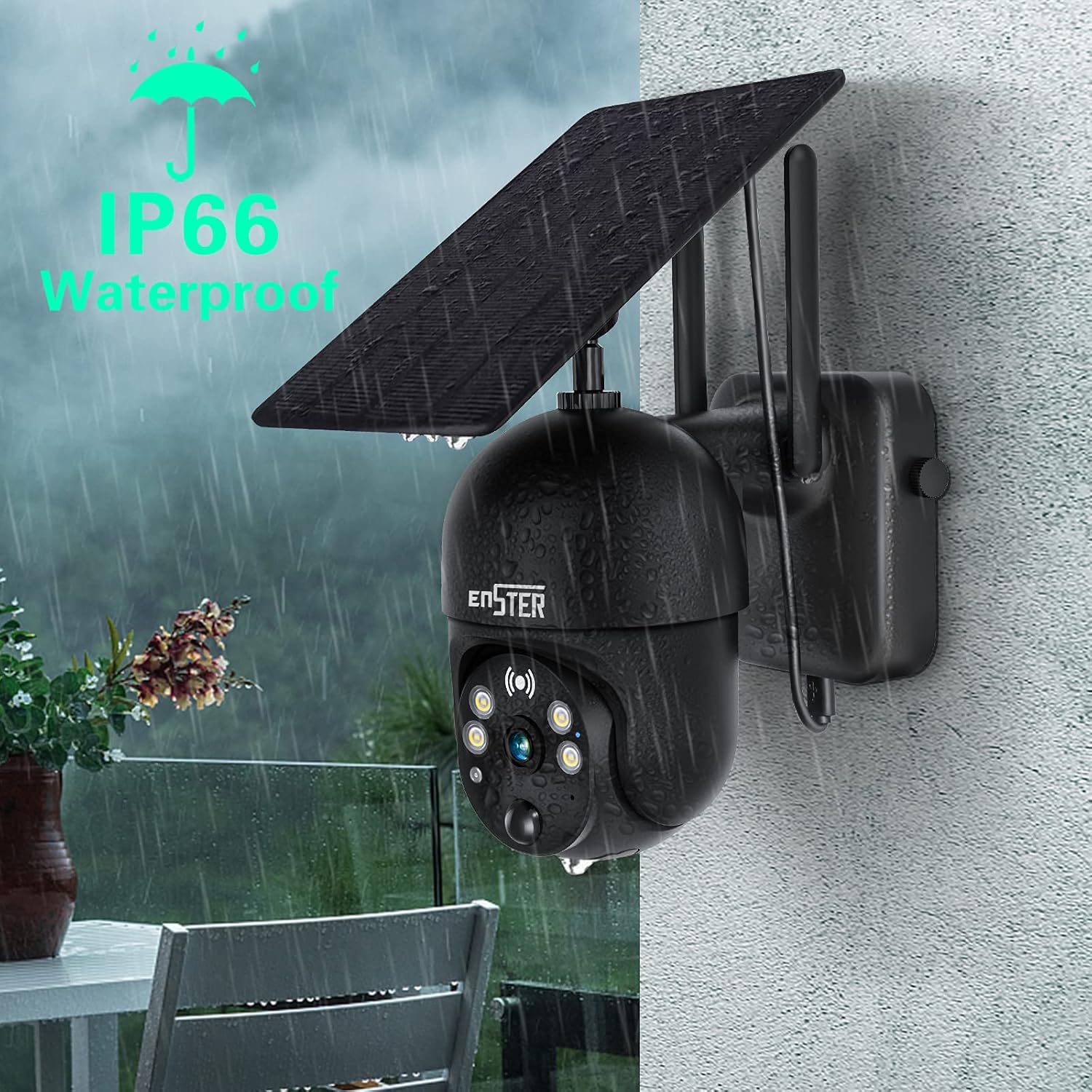 ENSTER Solar Security Camera connected to its solar panel, showing the battery charging status on a mobile app.