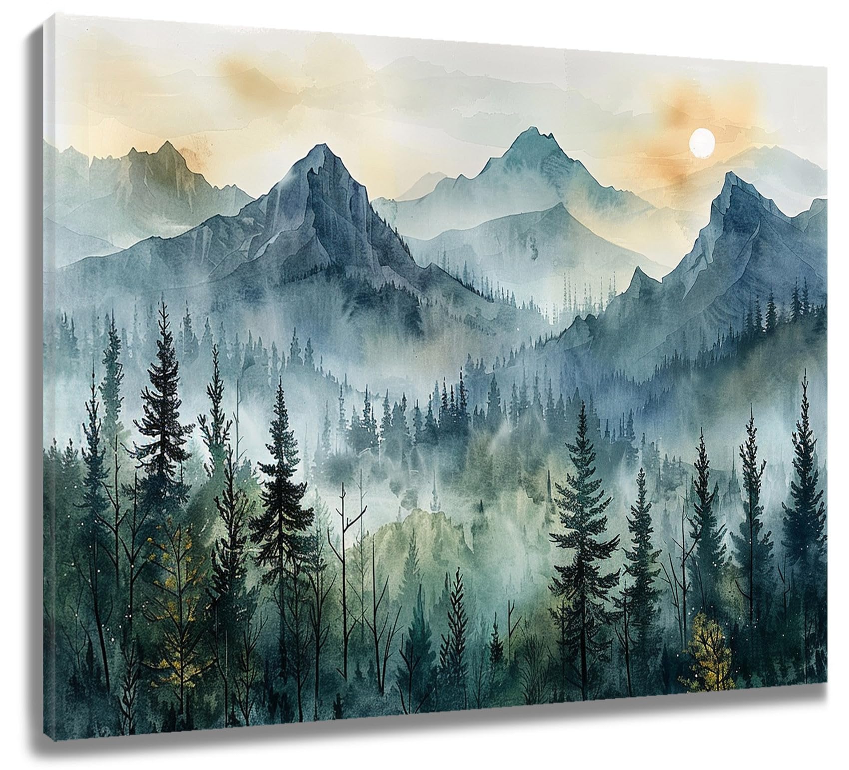 LB Abstract Forest Wall Art Dark Green Trees Grey Mountain Canvas Wall Art for Living Room Nature Sunset Landscape Poster Paint Wall Art Decor for Bathroom Kitchen Bedroom,16Wx12H inch Wooden Framed