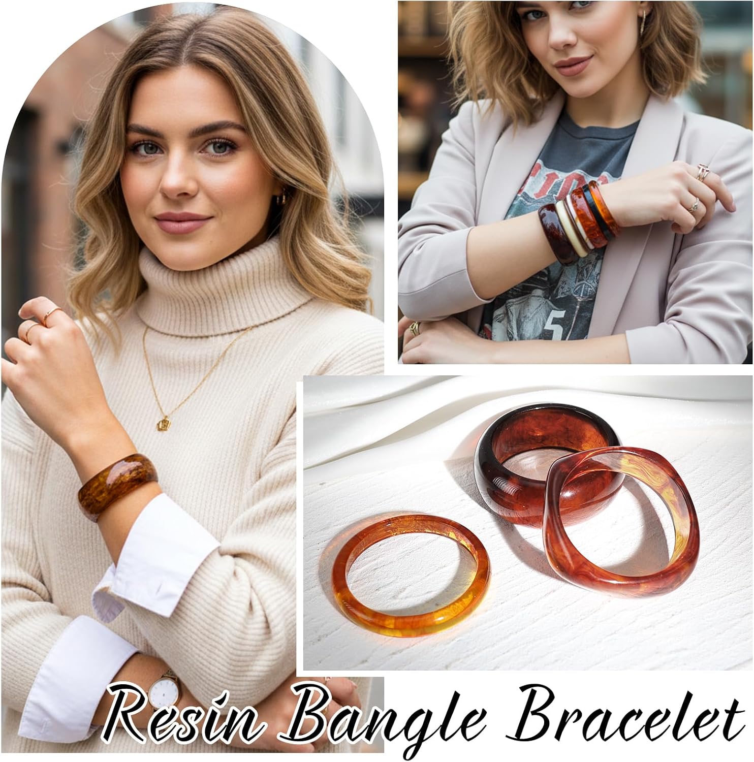 Tortoiseshell Resin Bangles Bracelets, 7 Pcs Chunky Boho Punk Geometric Acetate Plate Brown Acrylic Bracelet Stack, Trendy Resin Statement Wristband Wide Irregular Bangle Set for Women