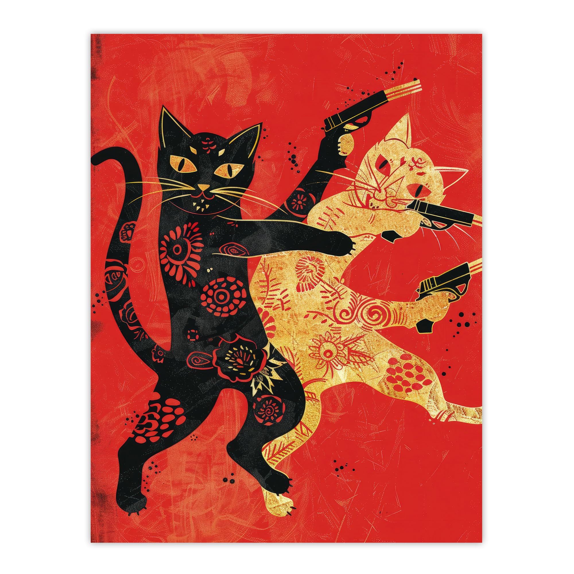 Artery8 Cat Fight Fun Lover Red Black Japanese Style Living Room Bathroom Large Wall Art Poster Print Thick Paper 18X24 Inch
