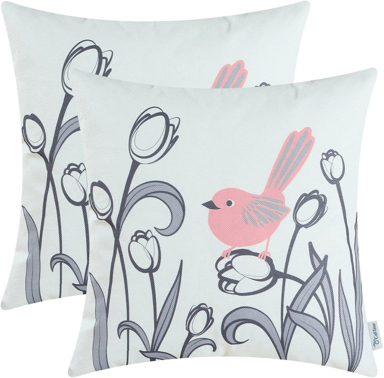 CaliTime Pack of 2 Soft Canvas Throw Pillow Covers Cases for Girls Couch Sofa Hand Drawing Cute Bird with Gray Sweet Tulip Floral Print 18 X 18 Inches Candy Pink