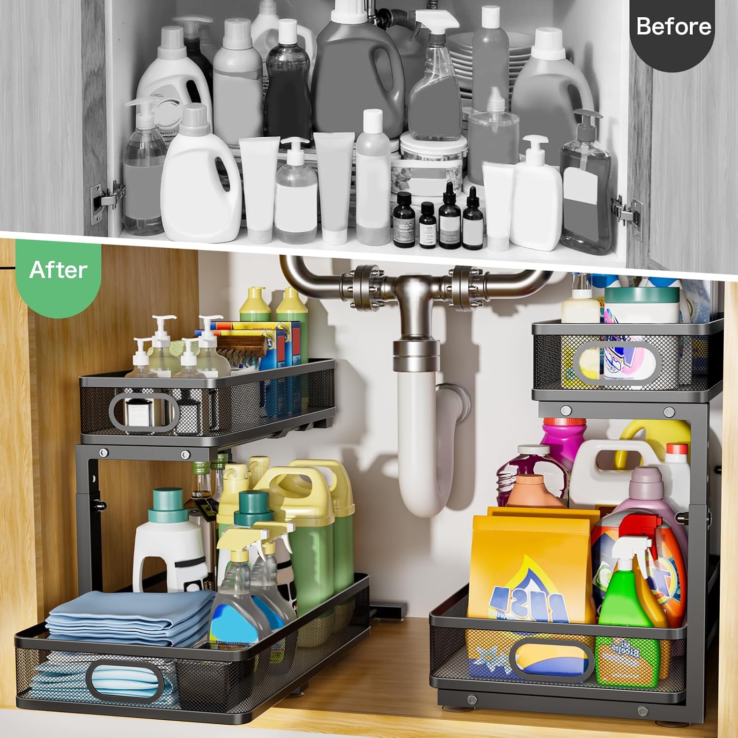 Under Sink Organizer, High Adjustable 2 Tier Under Sink Organizers and Storage, Slide Out Metal Cabinet Organizers, Pull Out Sink Storage Drawer Shelf for Kitchen Bathroom Cabinet, Black, 1 Pack - Image 2