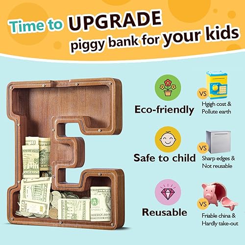 Miniatura 3 de SummiDate Alcancía de madera extra grande  Hucha para niños y niñas  Alfabeto E  Banco de dinero  Banco de monedas de cumpleaños para niños  Regalo
