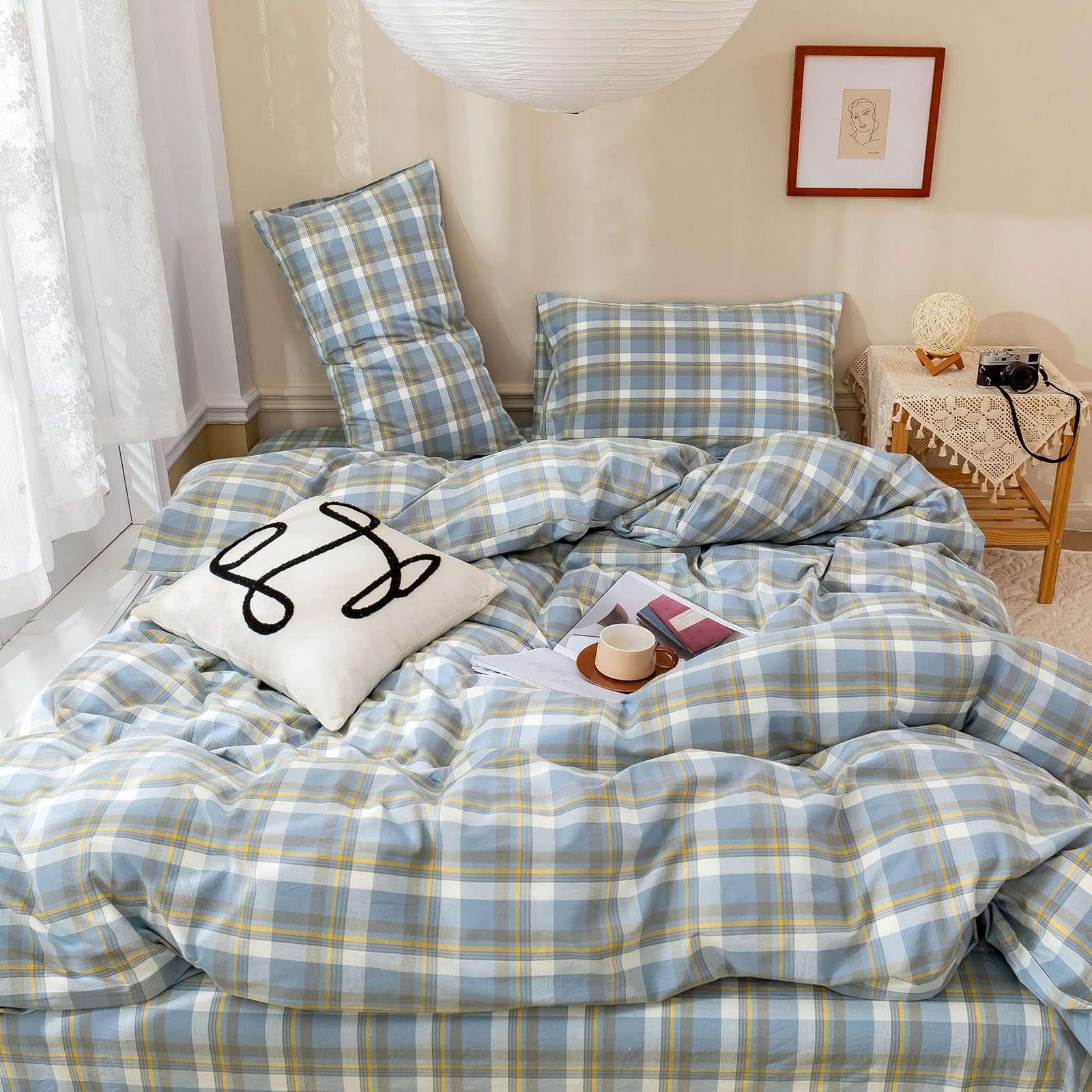 LifeTB Twin Duvet Cover Blue Plaid Duvet Cover Soft Washed Cotton Gingham Bedding Set Reversible Buffalo Grid Duvet Cover Modern Bedding Plaid Checkered Comforter Cover Cozy Soft for Teen Boys