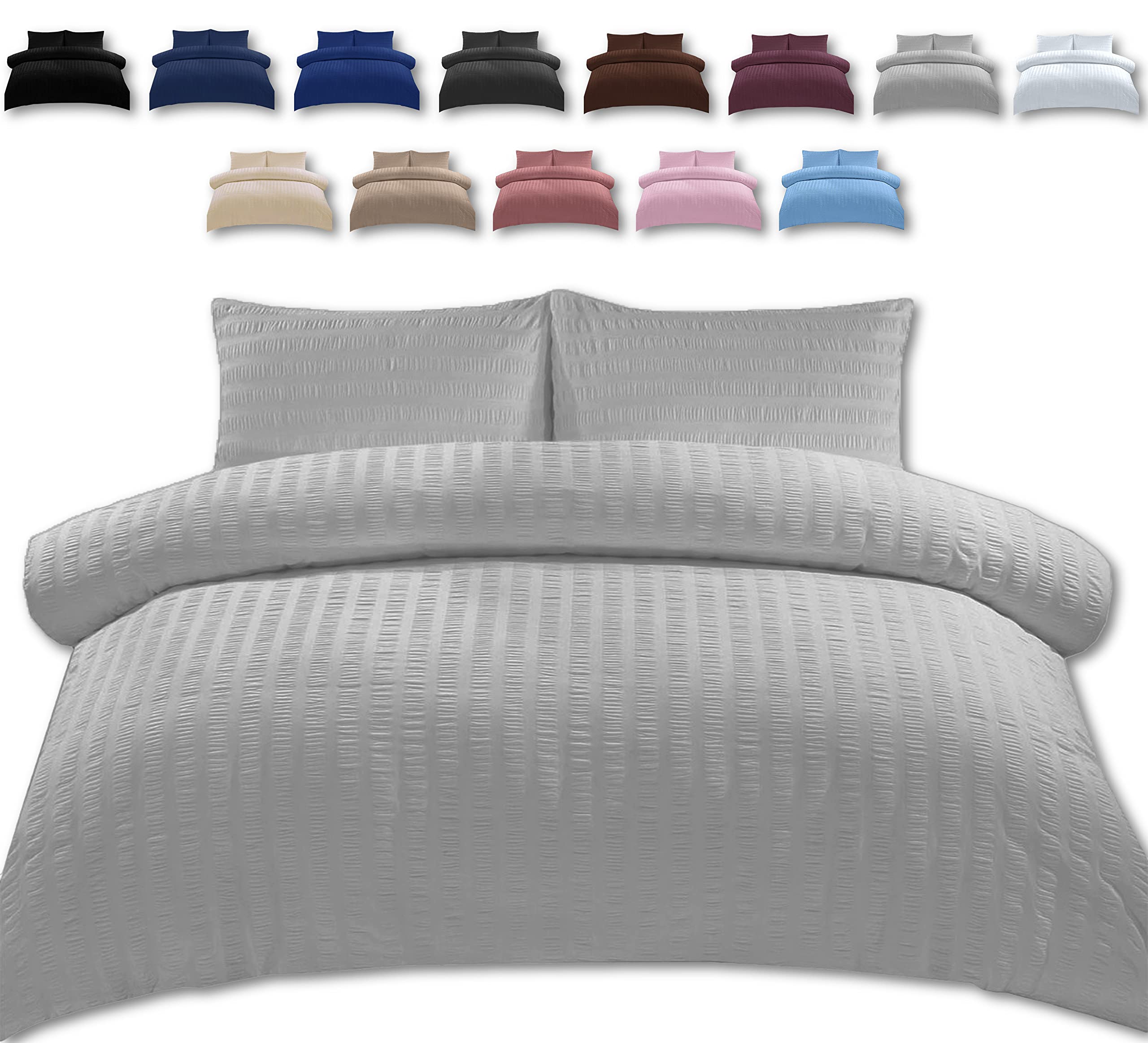 TheWhiteWater King Size Bed Duvet Set - 2 in 1 Seersucker Bedding Set – King Size Duvet Cover + 2 Matching Pillowcases (Silver, King - Duvet Cover ONLY)