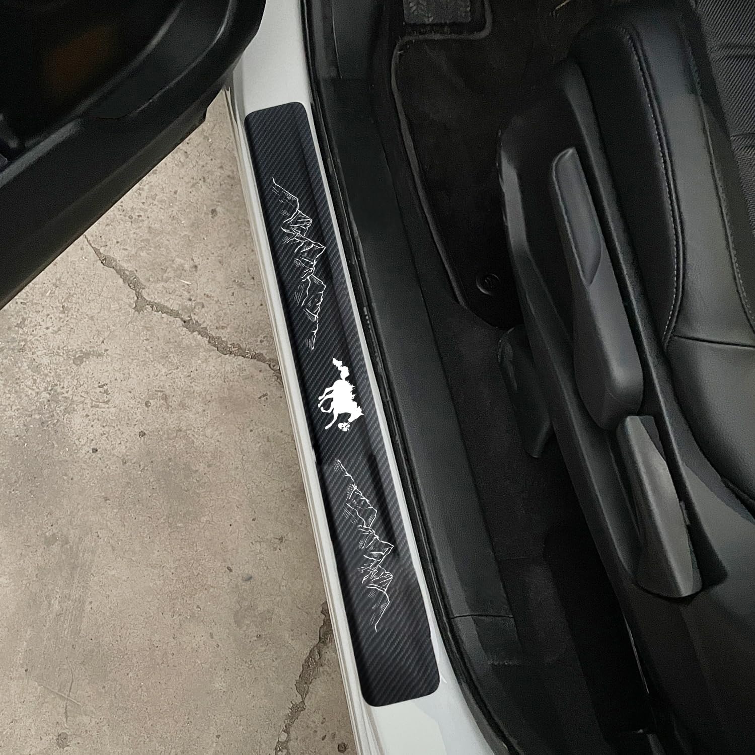 4PCS Car Door Sill Protector White Horse Carbon Fiber Scratch Resistant & Waterproof Door Entry Guard Scuff Plate Film fit for Mustang Accessories