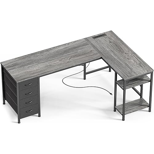 Huuger 63 Inch L Shaped Desk with Fabric Drawers, Reversible Computer Gaming Desk with Power Outlets and USB-C Port, Adjustable Side Storage Shelves, for Work Study Corner Home Office, Grey