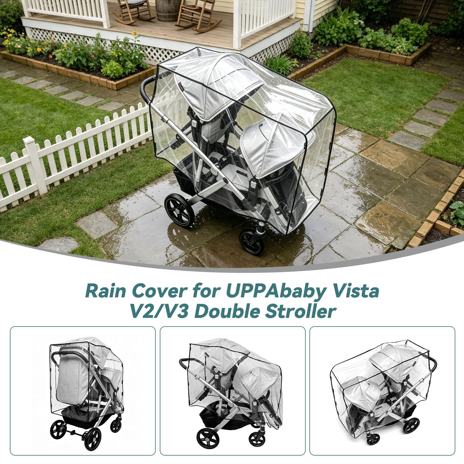 Parapioggia per passeggino doppio compatibile con UPPAbaby Vista V2/V3, sistema con sedile a rombo, protezione antivento trasparente con fori di ventilazione e copertura completa