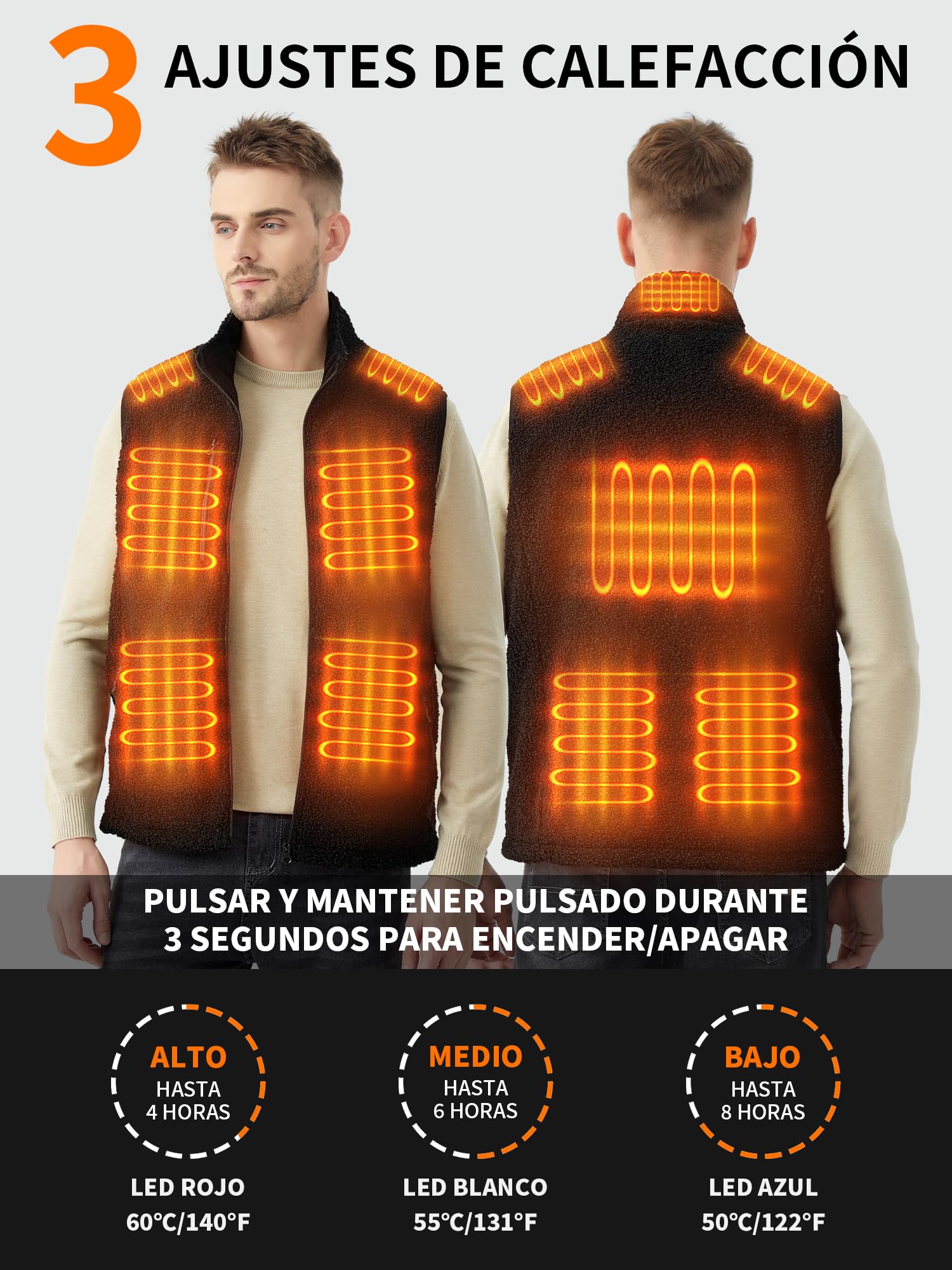 Chaleco de forro polar con batería recargable 18400 mAh 10 zonas calor 3 modos calentamiento