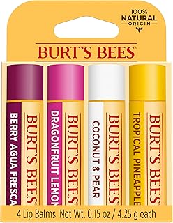 Burt's Bees 100% Natural Origin Moisturising Lip Balm Set, Tropical Pineapple, Berry Agua Fresca, Dragon Fruit Lemon and C...