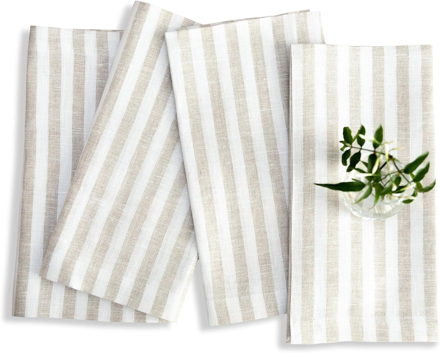 Solino Home Linen Napkins Set of 4-100% Pure Linen Amalfi Stripe Natural and White Cloth Dinner Napkins 20 x 20 Inch for Spring, Easter, Mothers Day - Handcrafted and Machine Washable