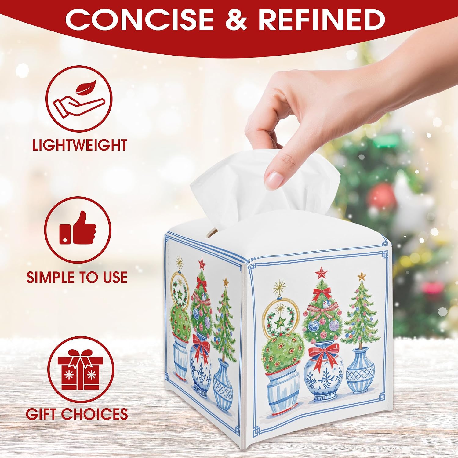 Christmas Trees Tissue Box Cover Square, Christmas Leather Tissue Box Cover Holder, Xmas Gift Ideas for Family Friends, Bathroom Kitchen Car Office Decor, Porcelain Print (5.2 Inches)-B03 image 3