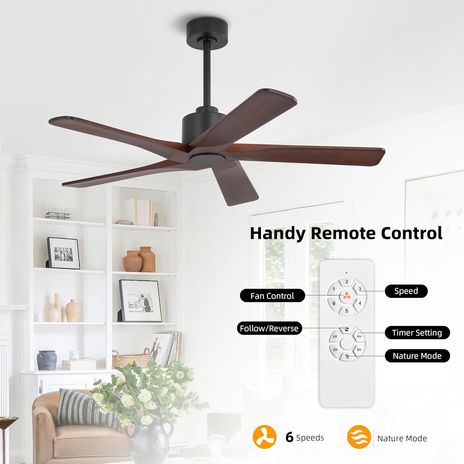 WINGBO 48" DC Ceiling Fan No Light - 5 Carved Solid Wood Blades, 6-Speed Reversible DC Motor, Ceiling Fan without Lights for Living Room Bedroom Kitchen Patio, Indoor and Outdoor, Black and Walnut - Image 2