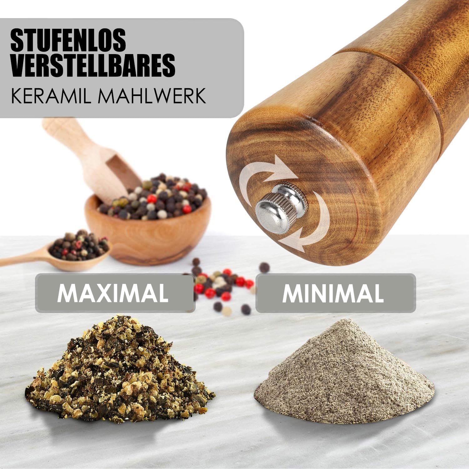 Salt and Pepper Mill Wood Set, 2 Spice Mills Made of Acacia Wood, Spice Mill, Ceramic Grinder with Coaster, Cleaning Brush and Spoon for Various Spice Mills