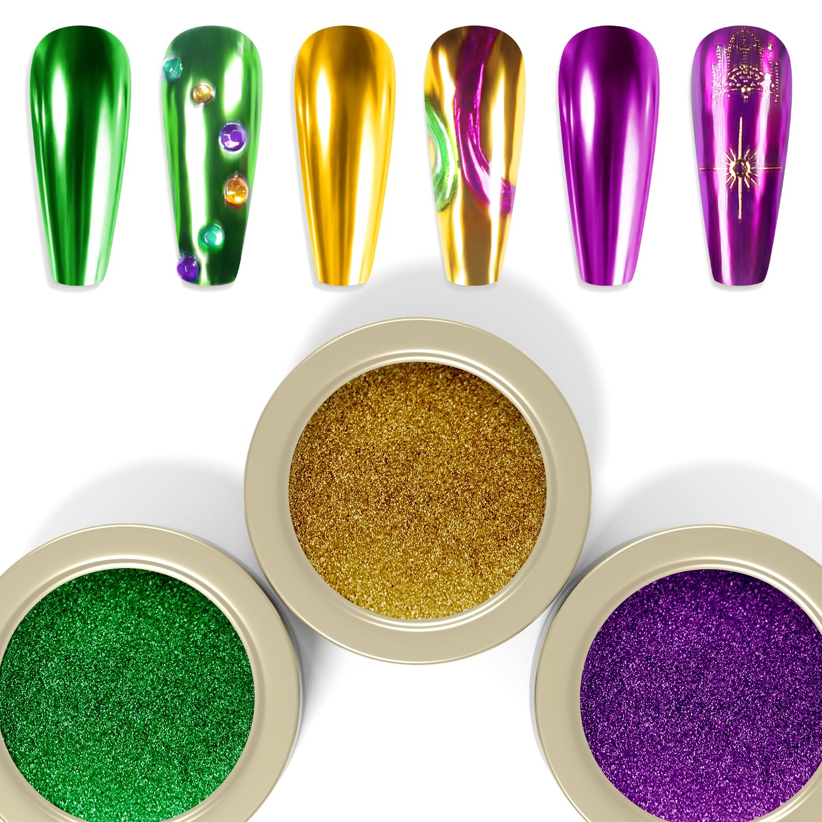 Laza 3 Colors Mardi Gras Chrome Nail Powder Mirror Effect Dust Glitter