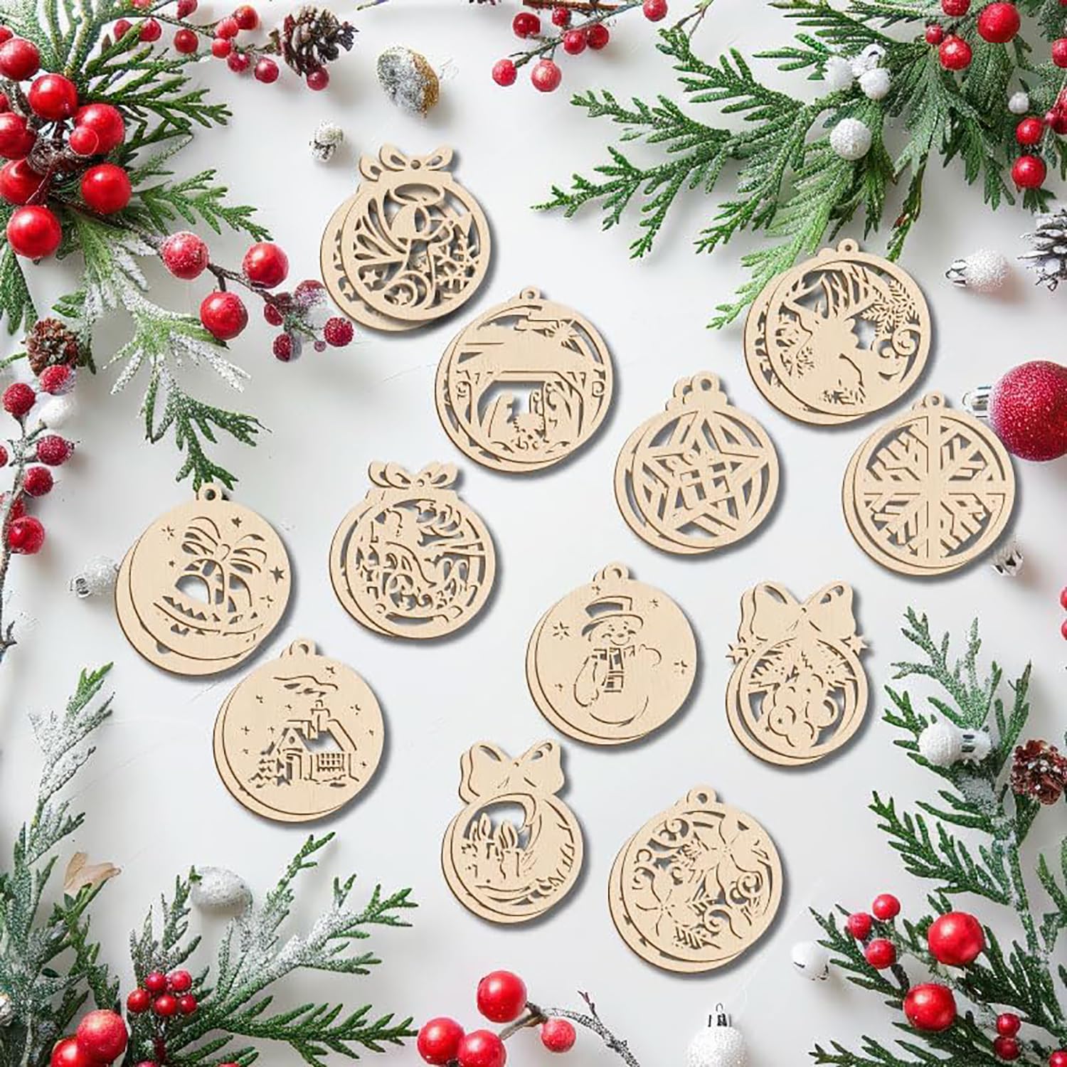 Cliths 12 Pack Wooden Christmas Ornaments – 6 Designs Wooden Balls & Shapes for Xmas Tree Decor, Hanging Holiday Decorations, Rustic Wood Baubles. 8x6.75 CM 1