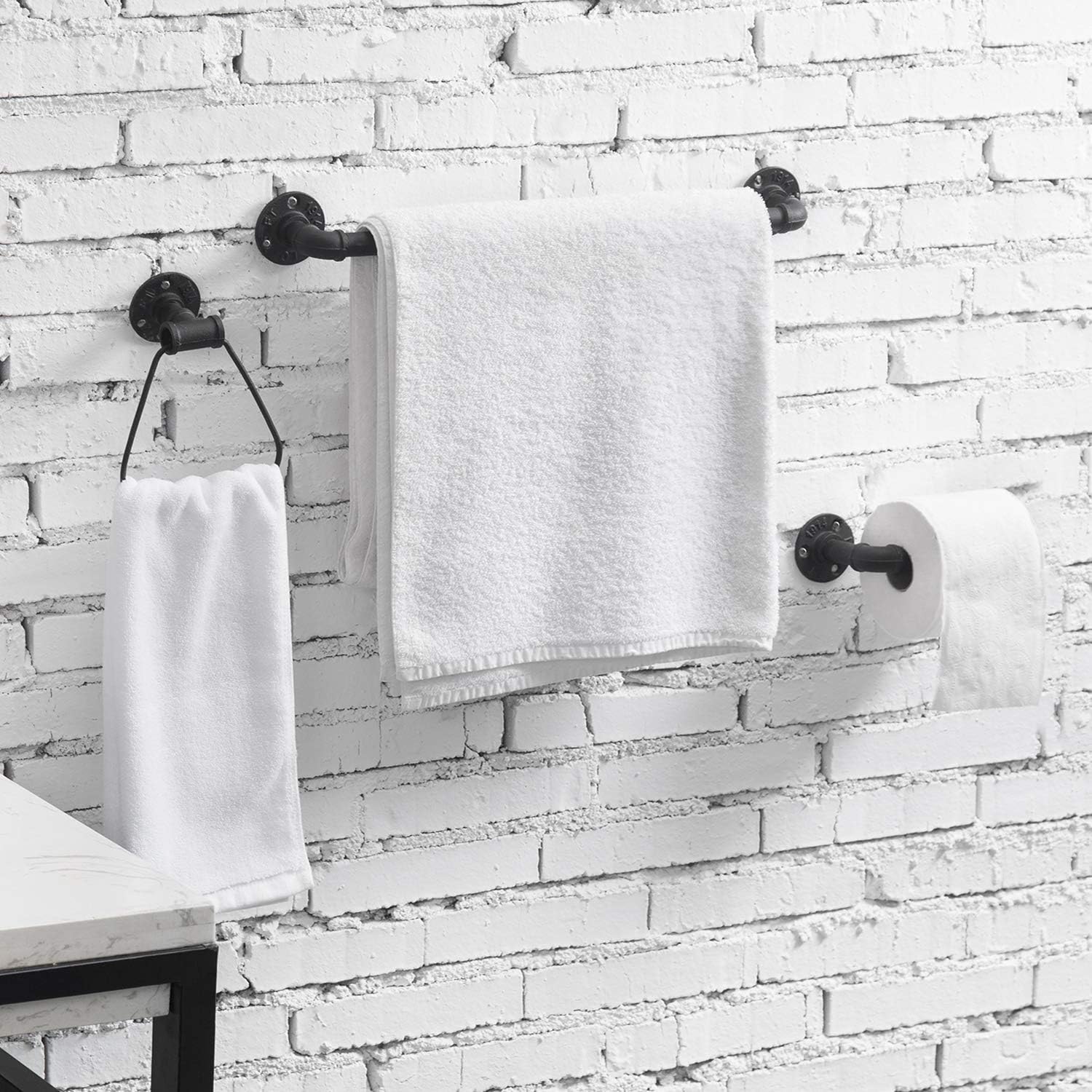 MyGift 3-Piece Matte Black Metal Pipe Bathroom Hardware Set with Toilet Paper Holder, Hand Towel Ring and Bath Towel Bar Rack