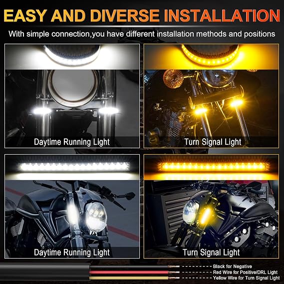 LivTee Motorcycle Turn Signals, Dual-Color White & Amber Fork Switchback LED Turn Signal, Motorcycle Blinkers with DRL, Waterproof Adjustable Light Bar for Motorbike, Ebike, Dirt Bike(2PCS)