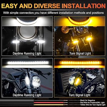 LivTee Motorcycle Turn Signals, Dual-Color White & Amber Fork Switchback LED Turn Signal, Motorcycle Blinkers with DRL, Waterproof Adjustable Light Bar for Motorbike, Ebike, Dirt Bike(2PCS)