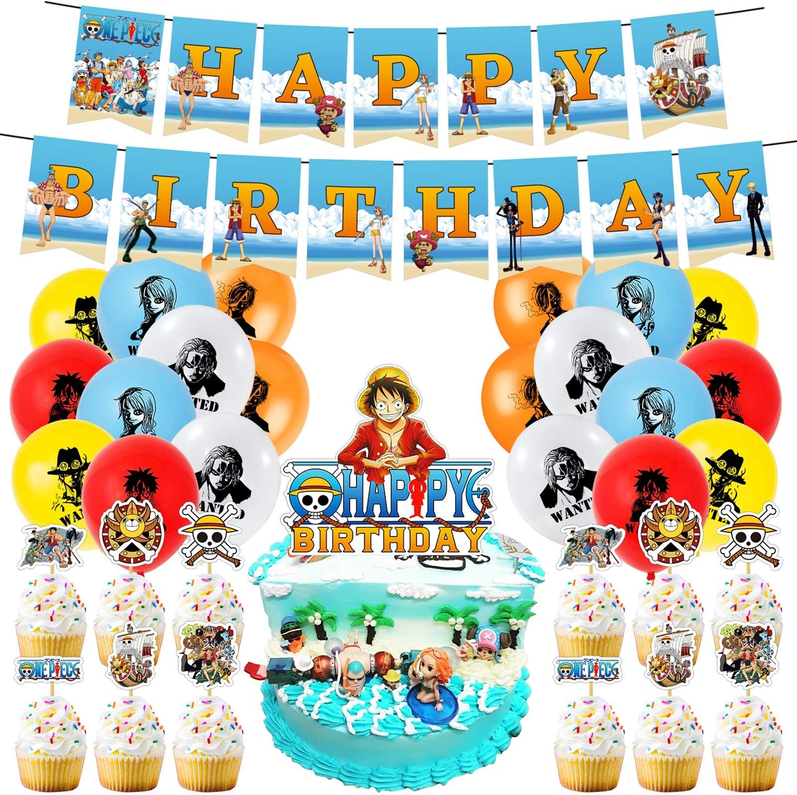 46Pcs One Piece Party Supplies,One Piece Party Happy Birthday Decoration Banner,Pirate Latex Balloon,Monkey D Luffy Cupcake Toppers Set and Cake Topper,One Piece Party Decorations for Kidโs Boy