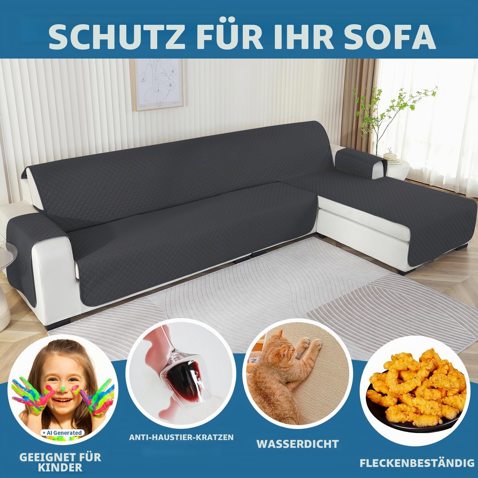 Ystyle Sofabezug L-Form 3 Sitzer, Universal Reversibel Sofa Überzug Für Links/Rechts Halbinsel, Wasserdicht, Kratzfest (255cm, Dunkelgrau)