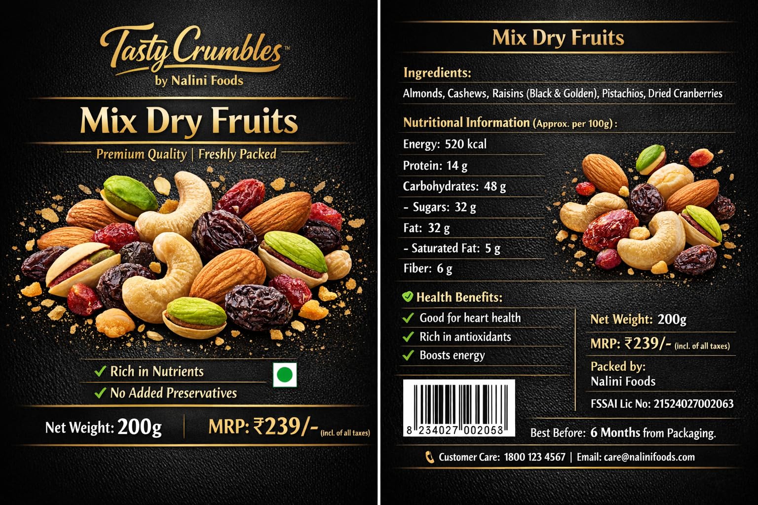 Tasty Crumbles Premium Mix Dry Fruit, Almonds, Cashews, Raisins, Pistachios, Dried Cranberries, 2 pack combo 200g