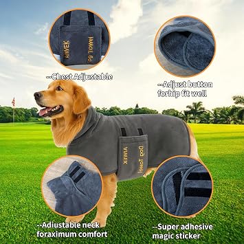 Dog Bathrobe Microfiber, Quick Dry Absorbent Adjustable Wrap Grey L