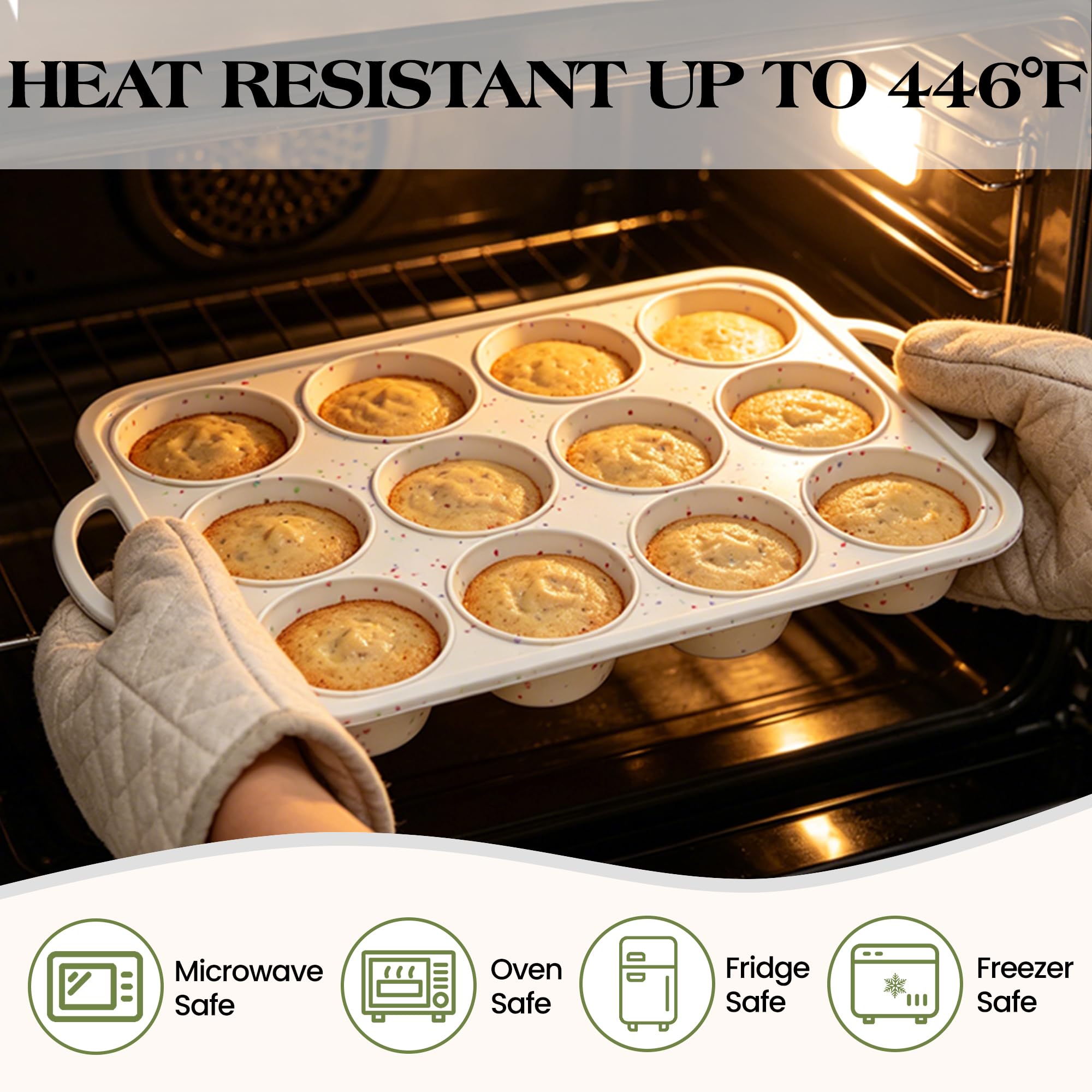 Normale Cupcake-Form für 12 Tassen und Mini-24 Cupcakes, antihaftbeschichtet, Silikon-Muffinform zum Backen, Silikon-Cupcake-Form mit metallverstärktem Rahmen, BPA-frei (2 Stück, cremefarben)