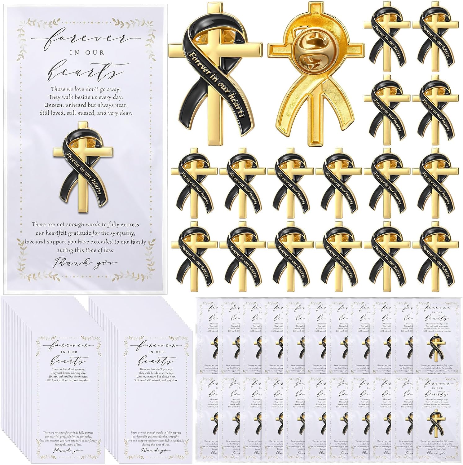 Misdary 30 Set Funeral Memorial Ribbon Pins Personalized Cross Awareness Lapel Pin with Prayer Cards Organza Bags