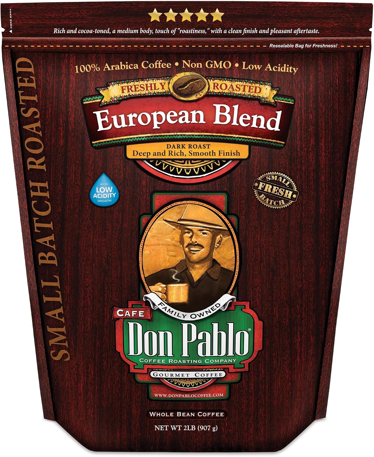 Don Pablo European Blend - Dark Roast Gourmet Coffee - 100% Arabica Whole Bean, Non-GMO, Low Acidity, 907g (2LB) Bag image 4