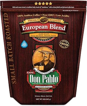 Don Pablo European Blend - Dark Roast Gourmet Coffee - 100% Arabica Whole Bean, Non-GMO, Low Acidity, 907g 2LB Bag