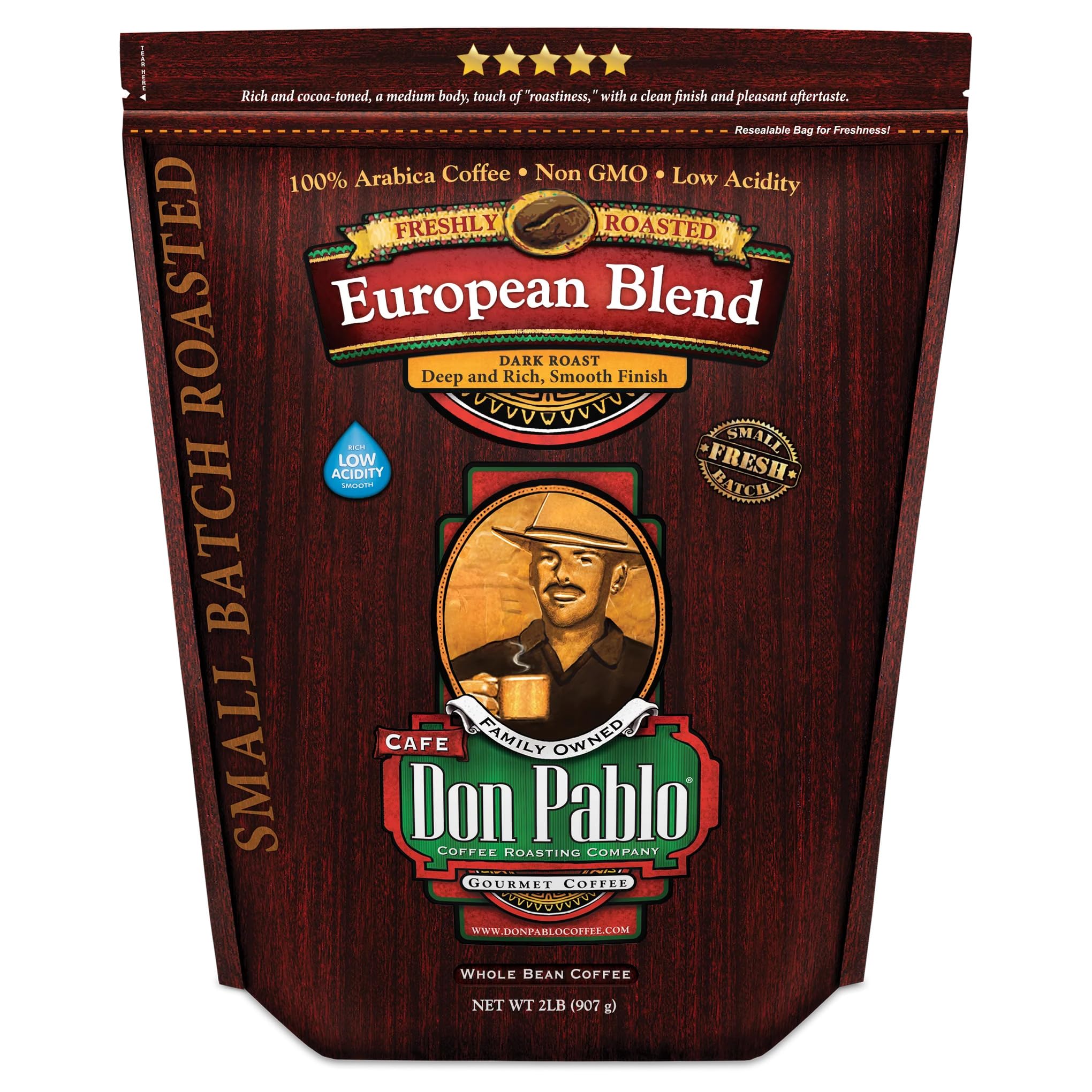 Don Pablo European Blend - Dark Roast Gourmet Coffee - 100% Arabica Whole Bean, Non-GMO, Low Acidity, 907g (2LB) Bag