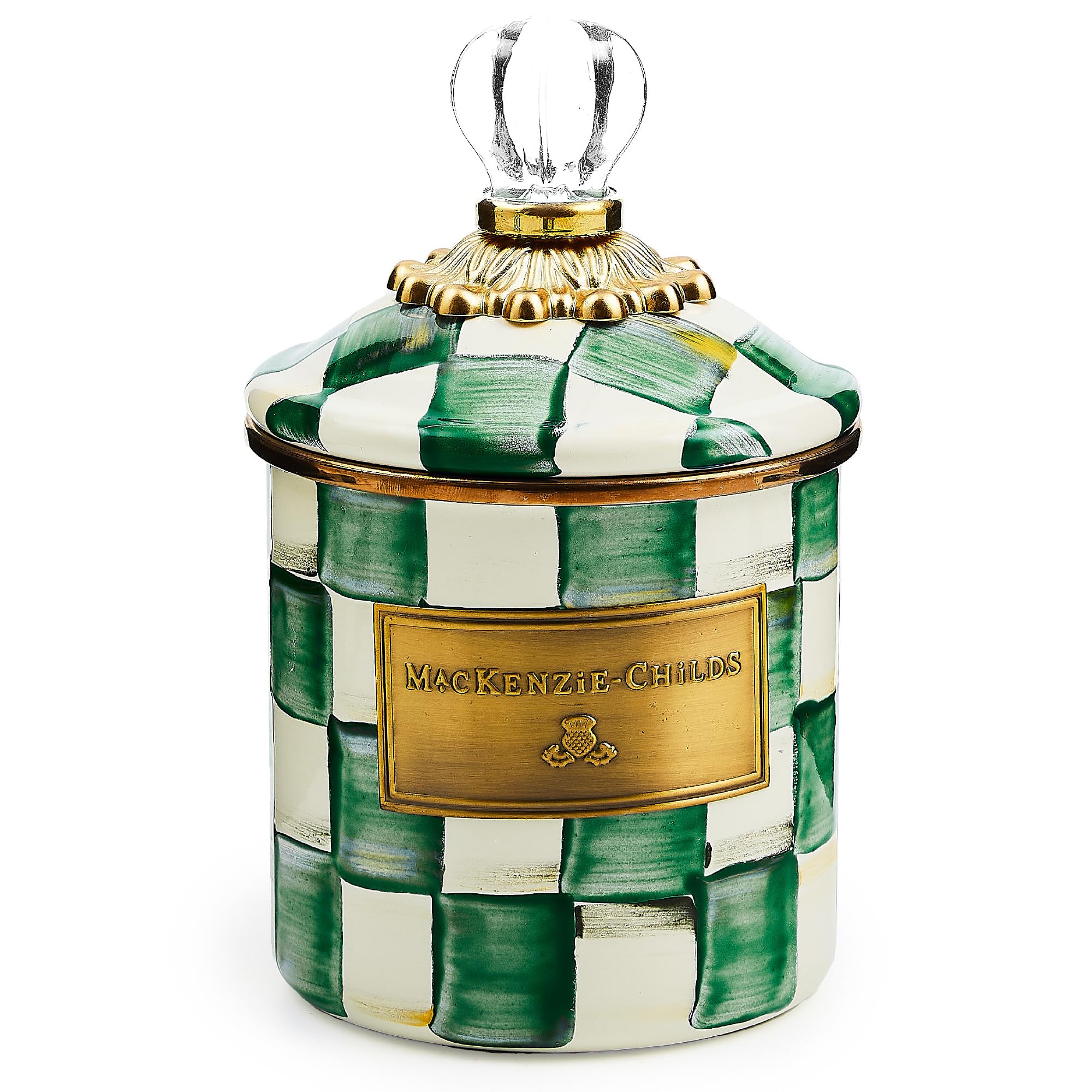 MACKENZIE-CHILDS Demi Enamel Canister, Kitchen Storage Container with Lid, Green-and-White Emerald Check