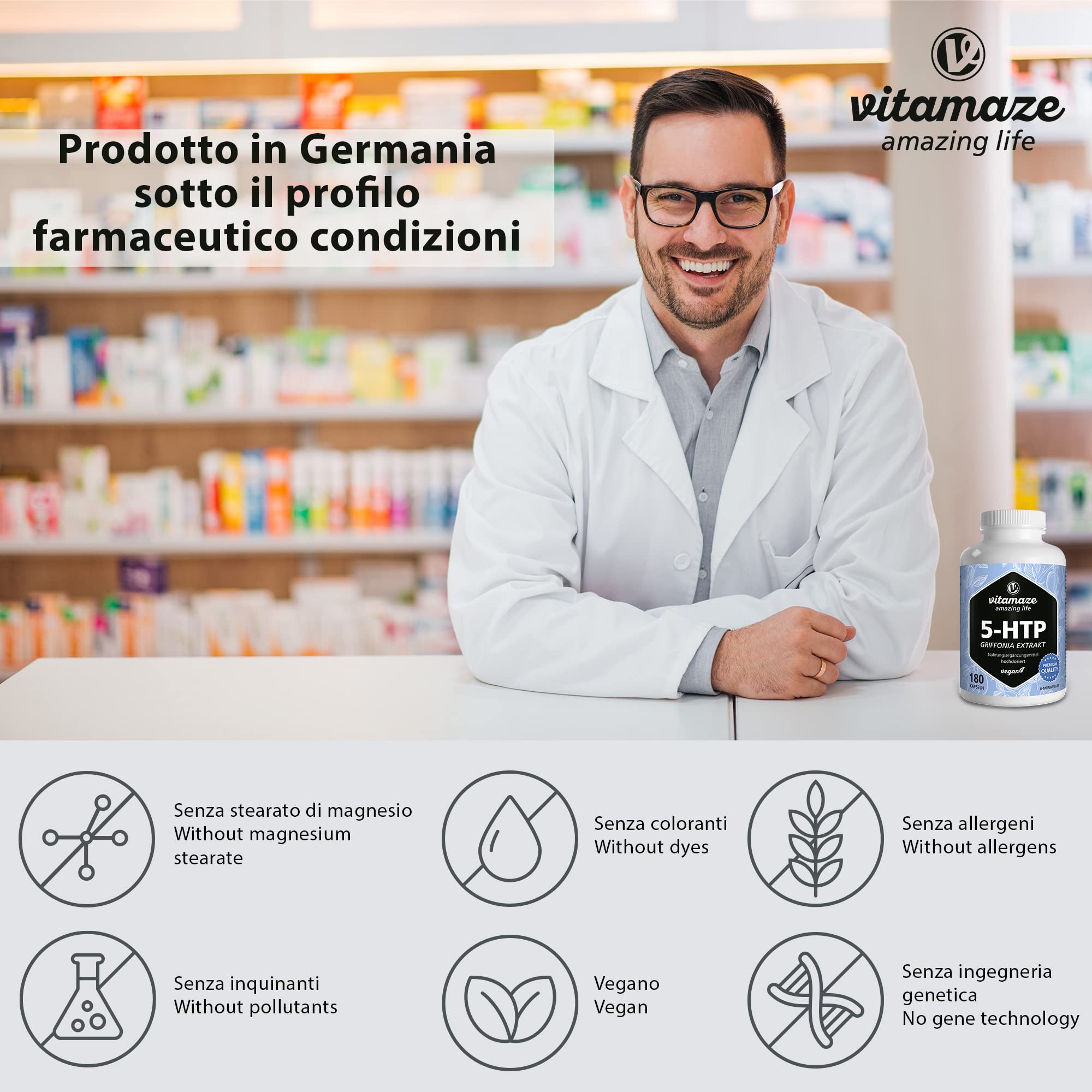 Vitamaze® Griffonia 5-HTP Alto Dosaggio 600 mg, 180 Capsule (per 6 Mesi) Vegane di Estratto di Semi di Griffonia Potente Dosi, Integratore senza Additivi non Necessari, Qualità Tedesca