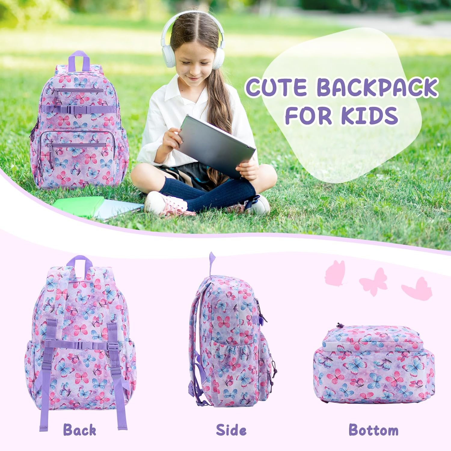 RAVUO Butterfly Kids Backpack for Girls | 16-Inch Elementary School Bookbag | Water Resistant & Lightweight School Bag for Ages 5-10 - Image 6